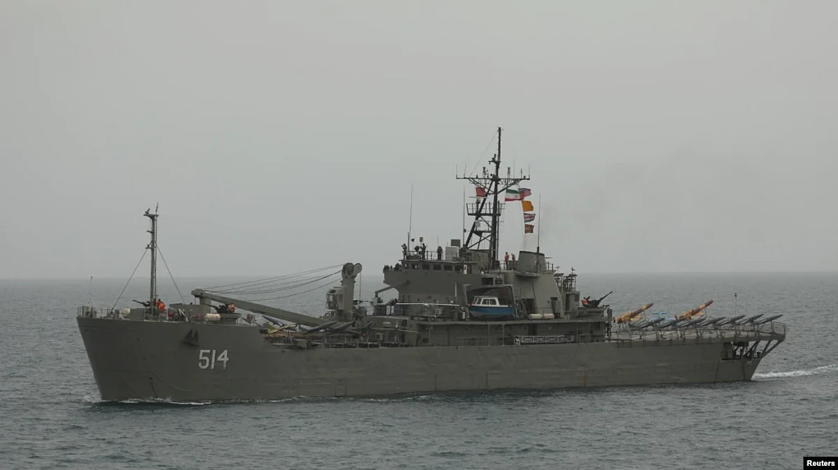 Drones stand at an Iranian military ship in the Indian ocean, Iran, in this handout image obtained by Reuters on July 15, 2022.