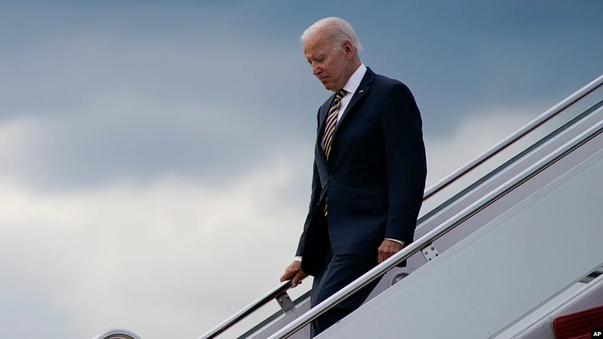 President Joe Biden arrives at Andrews Air Force Base after delivering remarks in Cleveland about the American Recovery Act, July 6, 2022, in Andrews Air Force Base, Maryland.