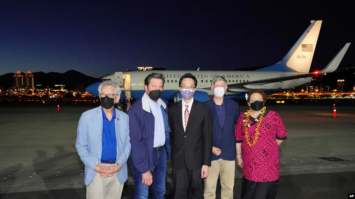 A delegation of American lawmakers pose for a photo after arriving at Songshan airport in Taipei, Taiwan on Sunday, Aug 14, 2022.