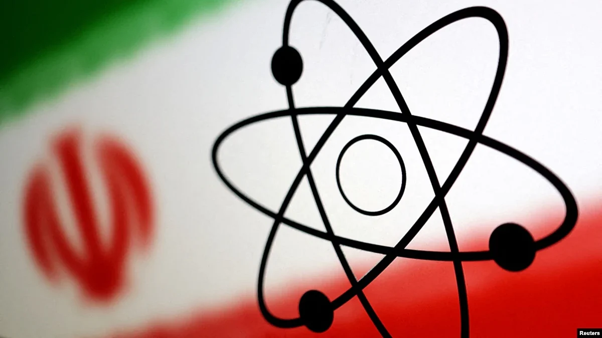 The atomic symbol and the Iranian flag are seen in this illustration, July 21, 2022.