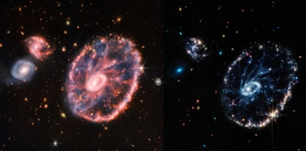 The Cartwheel Galaxy sports two rings -- a bright inner ring and a surrounding, colorful ring. (IANS)