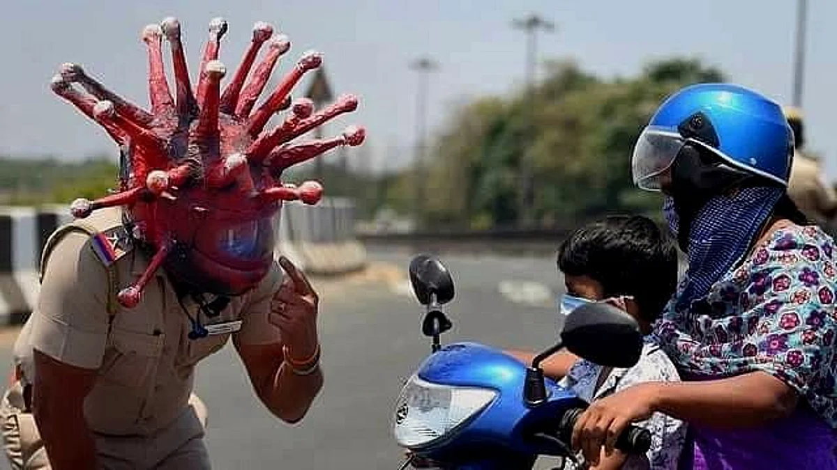 A cop raising awareness about Covid-19 pandemic in a creative way.