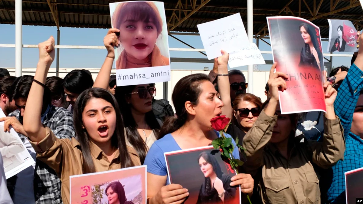 Protesters gather outside the UN headquarters in Erbil to protest the death of Masha Amini, who had fallen into a coma for three days after being detained by the morality police in Tehran, Iran.