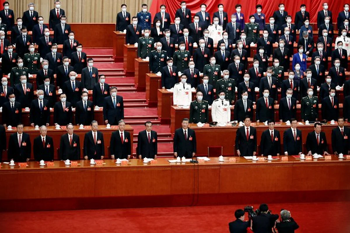 Chinese President Xi Jinping and other officials attend the closing ceremony of the 20th National Congress of the Communist Party of China, at the Great Hall of the People in Beijing, China, Oct. 22, 2022.