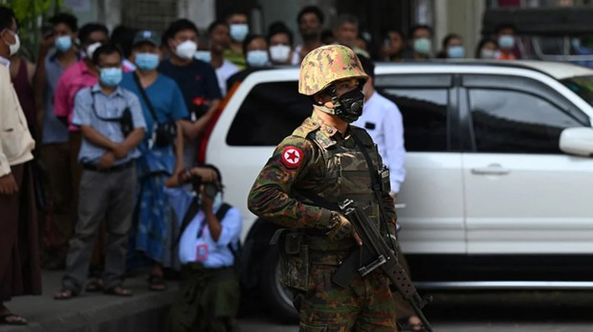 A junta soldier seen in downtown Yangon, Myanmar, in this February file photo.