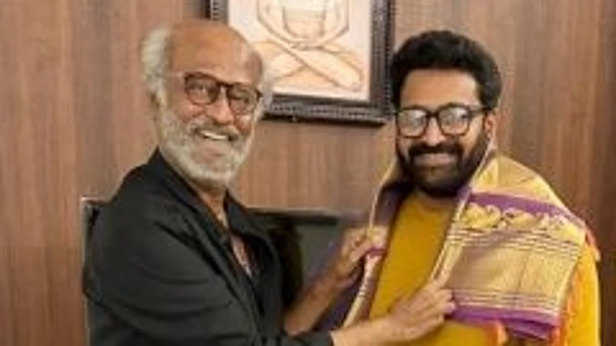 Superstar Rajnikanth (left) and Rishab Shetty of 'Kantara' fame(right)