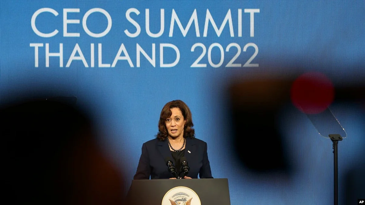 US Vice President Kamala Harris addresses the APEC CEO Summit during the Asia-Pacific Economic Cooperation (APEC) Summit in Bangkok, Nov. 18, 2022.