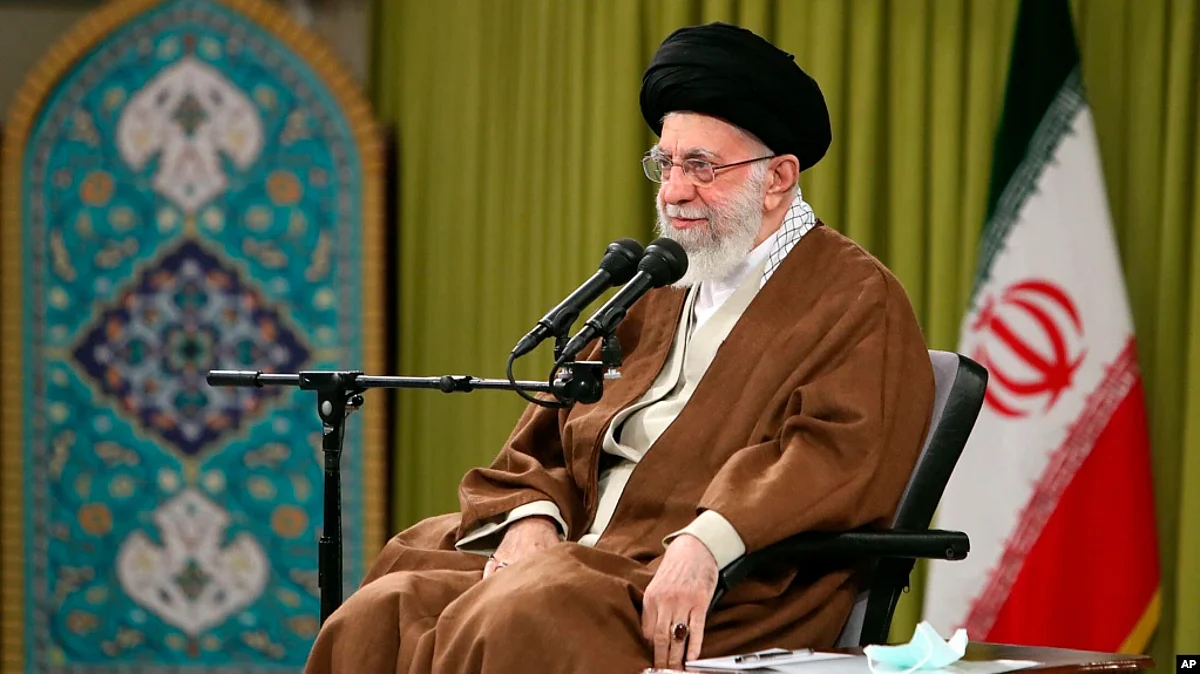 In this picture released by the official website of the office of the Iranian supreme leader, Supreme Leader Ayatollah Ali Khamenei speaks during a meeting with a group of Basij paramilitary force in Tehran, Iran, Nov. 26, 2022. (AP)