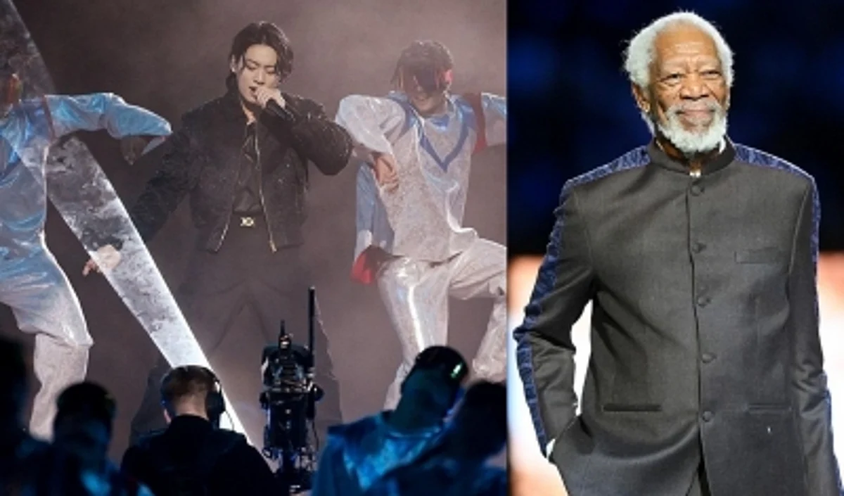 Jung Kook (Left) and Morgan Freeman at the FIFA World Cup 2022 opening ceremony (Right)
