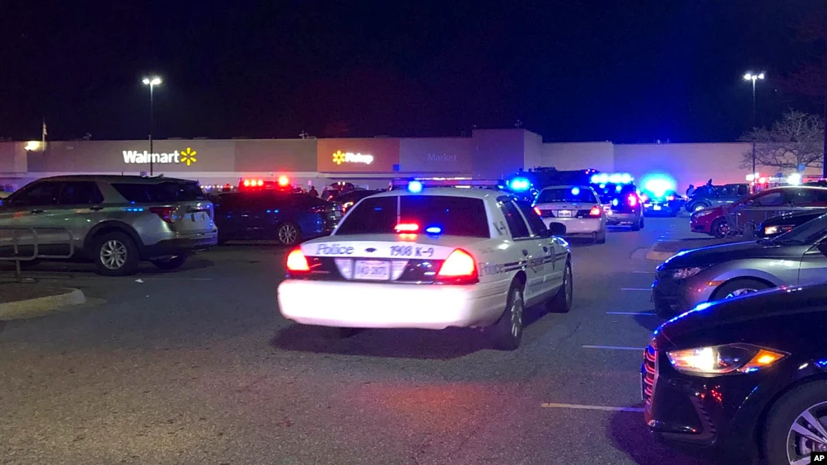 In this image from video Virginia police respond to the scene of a fatal shooting at a Walmart on Nov. 22, 2022, in Chesapeake, Virginia.