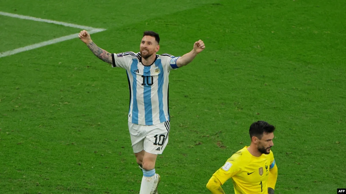 Argentina's forward #10 Lionel Messi celebrates scoring his team's second goal during the Qatar 2022 Football World Cup football final match between Argentina and France at Lusail Stadium, Dec. 18, 2022.