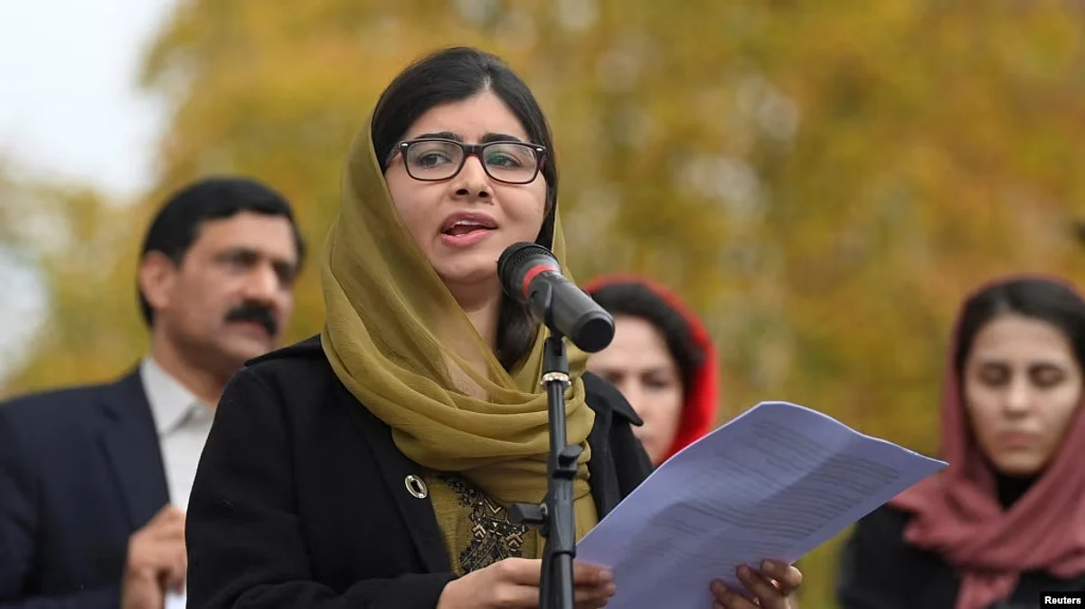 FILE - Nobel Peace Prize laureate Malala Yousafzai speaks at a rally in support of Afghan women's rights in London, Britain, Nov. 27, 2022. (Reuters)