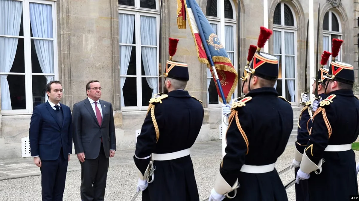 French Armies Minister Sebastien Lecornu (L) greets the German Minister of Defense Boris Pistorius as part of the celebration of the 60th anniversary of the signing of the Elysee Treaty, in Paris, Jan. 22, 2023. (AFP)