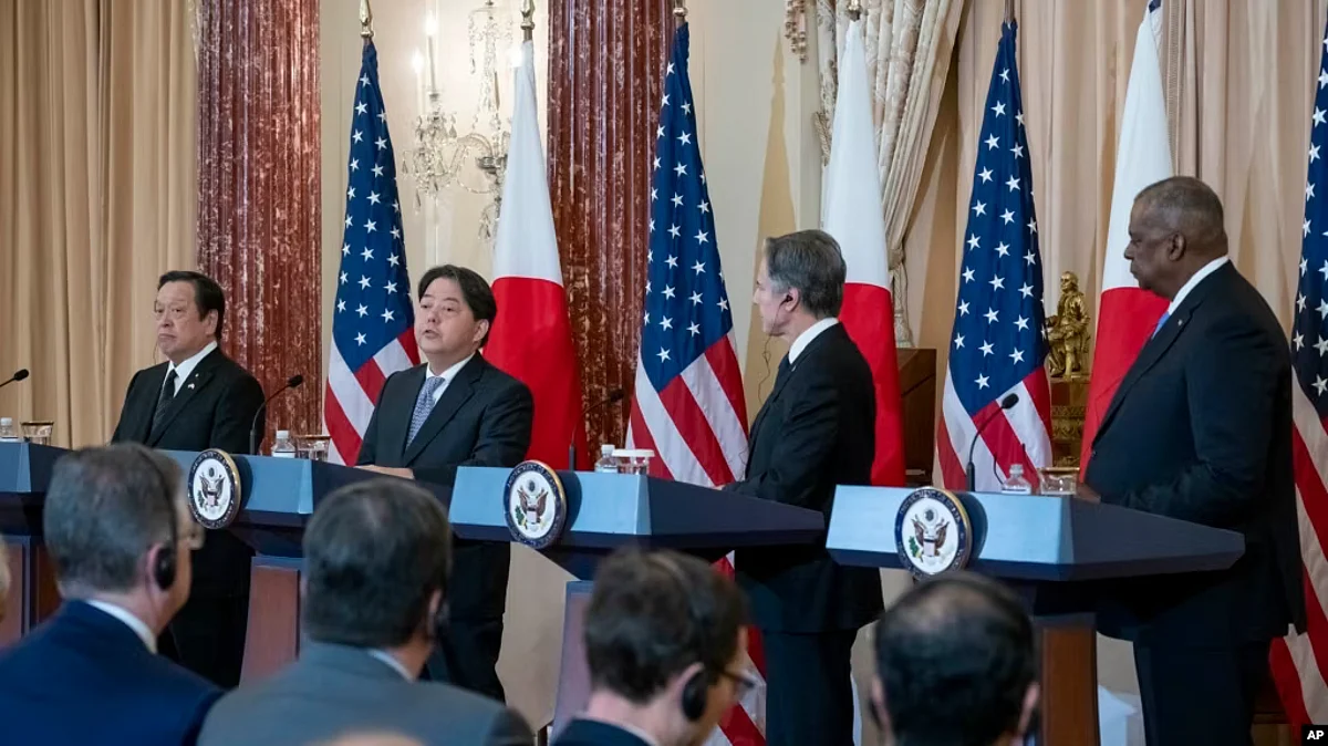 From left: Japanese Defense Minister Yasukazu Hamada, Japanese Foreign Minister Hayashi Yoshimasa, Secretary of State Antony Blinken, and Secretary of Defense Lloyd Austin speak at a news conference at the State Department in Washington, Jan. 11, 2023. (AP)