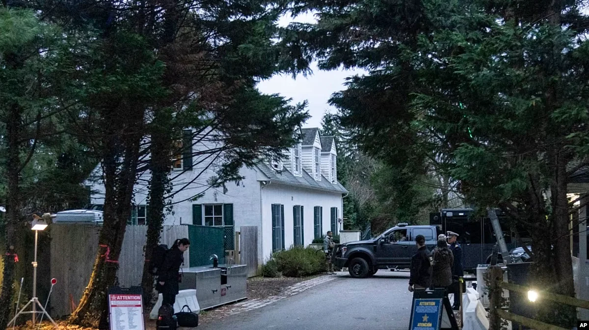 FILE - The access road to President Joe Biden's home in Wilmington, Delaware, as seen from the media van on Jan. 13, 2023. (AP)