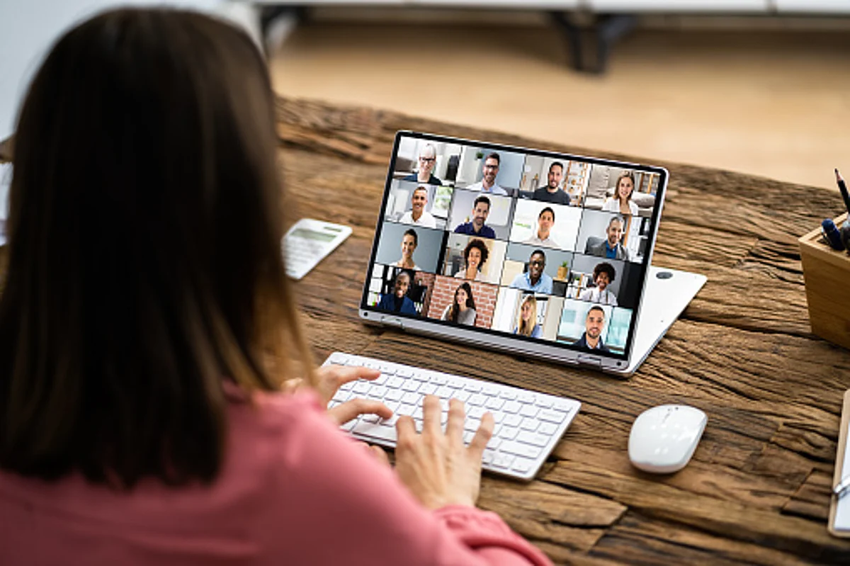 Virtual Conference Call On Hybrid Business Laptop