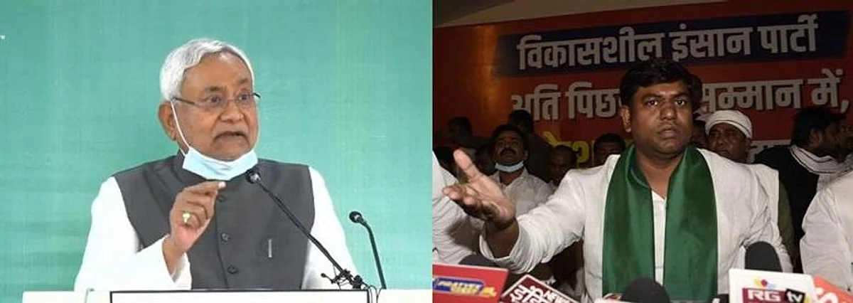 बिहार के मुख्यमंत्री नितीश कुमार और विकासशील इंसान पार्टी के प्रमुख मुकेश साहनी (IANS)