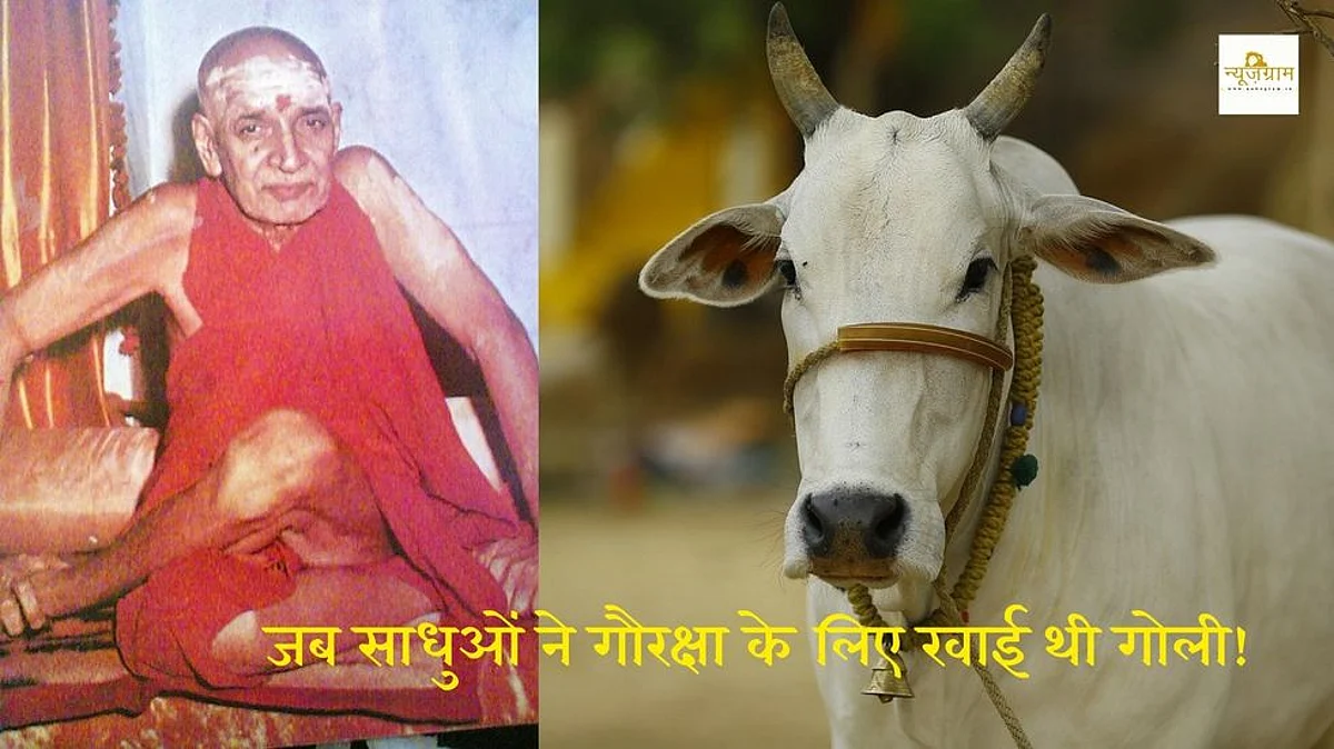 स्वामी करपात्रीजी महाराज एवं अन्य संत प्रतिनिधियों के नेतृत्व में लाखों साधुओं और गौरक्षकों ने किया था संसद का घेराव।(NewsGram Hindi)