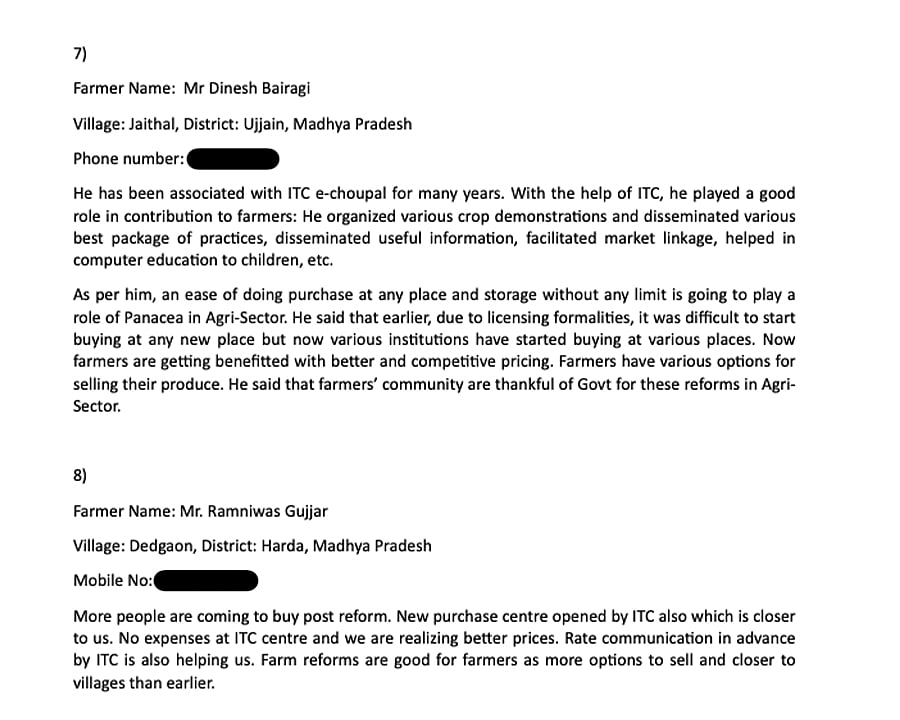 A screenshot from the ‘Farmer Feedback’ document sent to journalists by S Satyanarayanan.