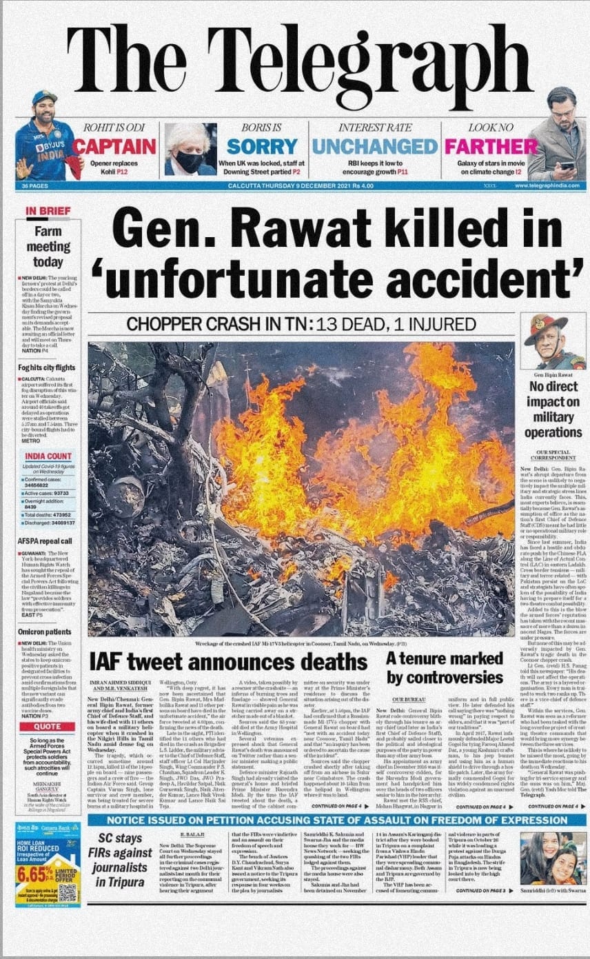 Tragic accident, gallant officer': How newspapers covered Gen Bipin Rawat's  death in chopper crash
