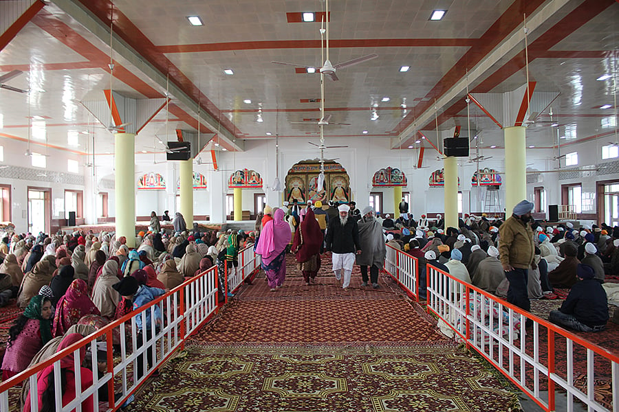 The main hall at the Nanaksar gurudwara in Karnal.