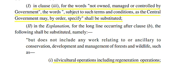 संशोधित अधिनियम जंगल की जमीन को प्राइवेट एंटिटी को उन शर्तों पर लीज पर देने का उपबंध करता है, जिनका निर्देश केंद्र सरकार अपने आदेश में देंगी. पौधारोपण के लिए जंगल का उपयोग भी केंद्र की पूर्व अनुमति की बाध्यता से बाहर होगा.