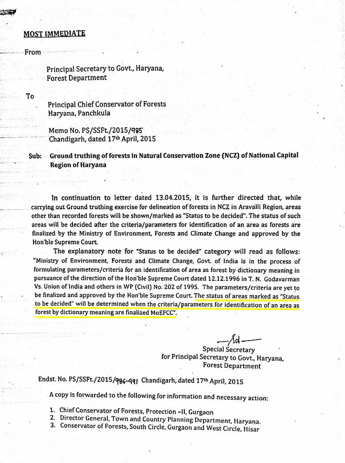 अरावली के विशाल क्षेत्र जो जंगल की शब्दकोश परिभाषा में उपयुक्त थे, उन्हें "स्थिति तय की जाएगी" इस श्रेणी में रखा गया.