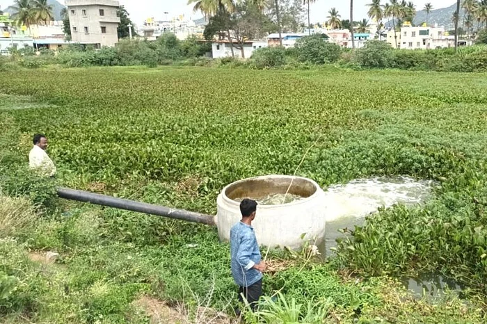 चिकबल्लापुर की मस्तूर झील में तार और डंडी की मदद से मछली पकड़ते लोग. यहां के स्थानीय लोगों का कहना है कि बेंगलुरु के दूषित पानी से भरी गई इन झीलों में मिलने वाली मछलियों की गुणवत्ता खराब हुई है.