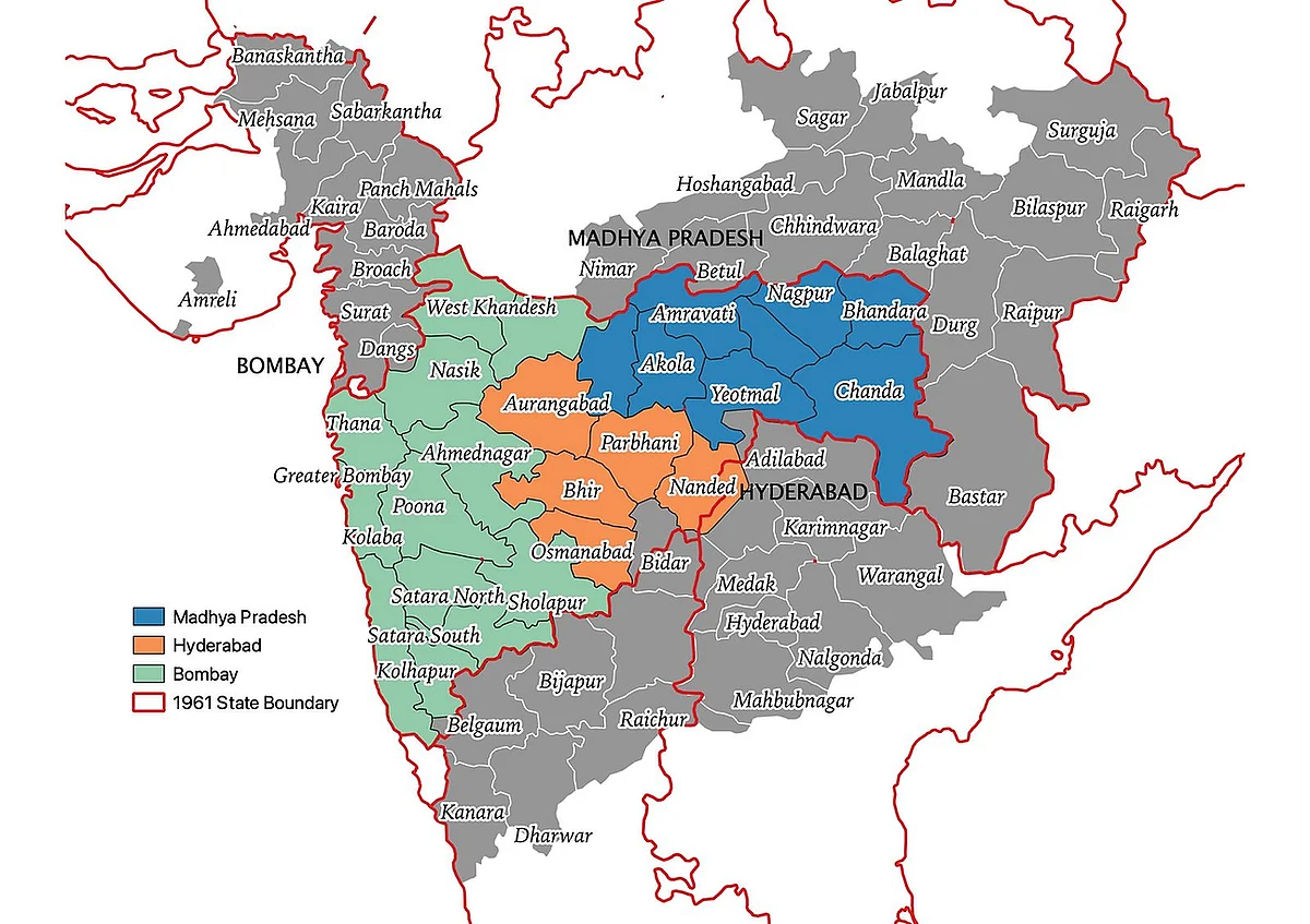 Formation of Maharashtra state from Bombay, Hyderabad (Marathwada) and Madhya Pradesh (Vidarbha/erstwhile part of Central Provinces and Berar). Map by Mehr Kalra.