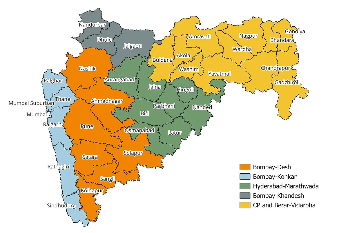 Map of Maharashtra showing politico-cultural divisions. Map by authors.