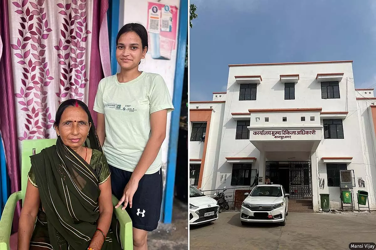 Akanksha Gautam (right) and her mother, Rekha Gautam. Akanksha shares how she exercises regularly and cleans her affected limb twice a day. On the right is CMO Office, Kanpur Nagar.