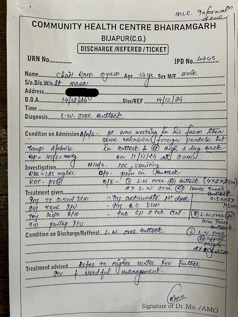 Chaitram’s medical report from the community health centre in Bhairamgarh.