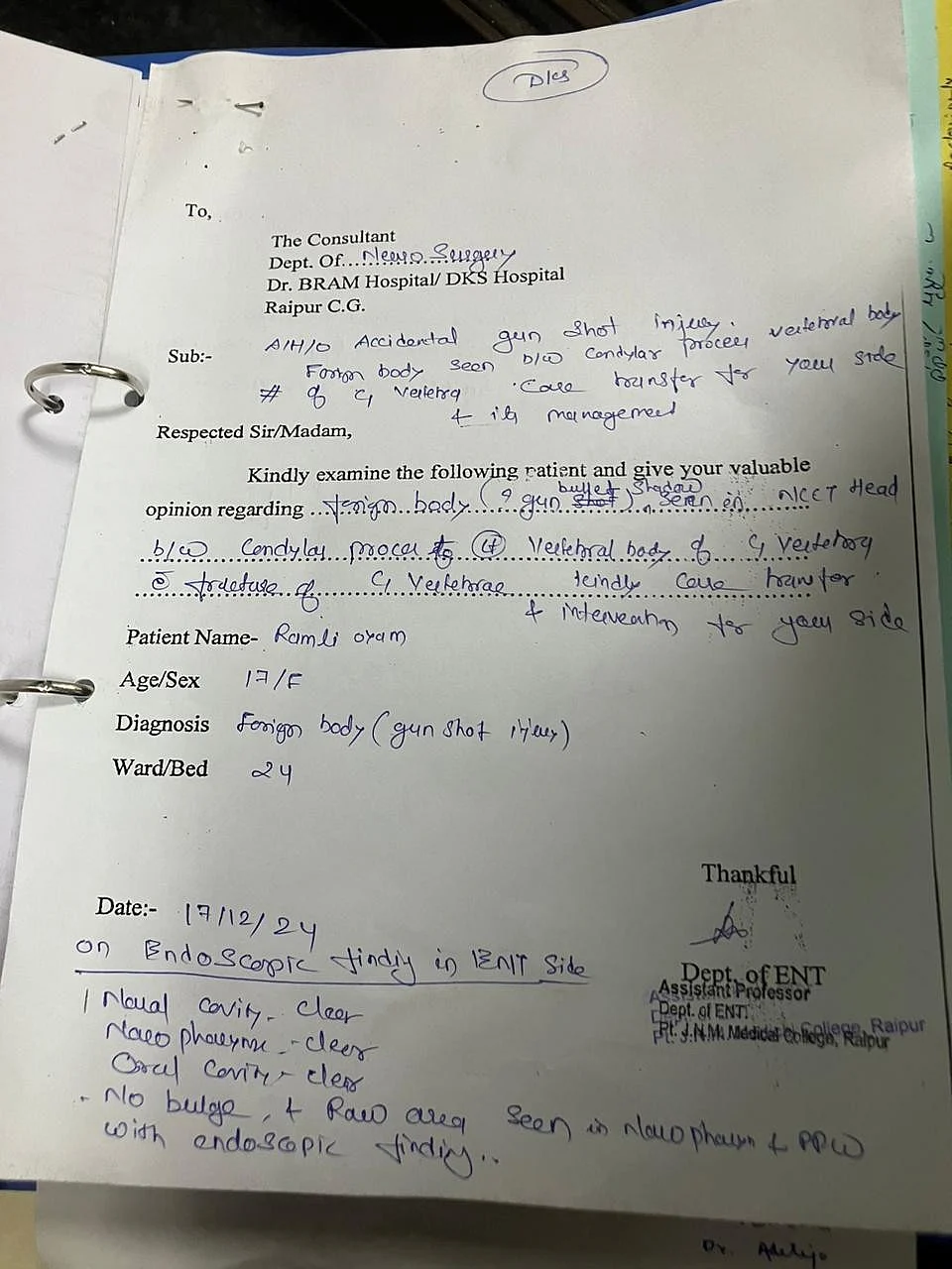 Ramli’s medical report from DKS hospital in Raipur.