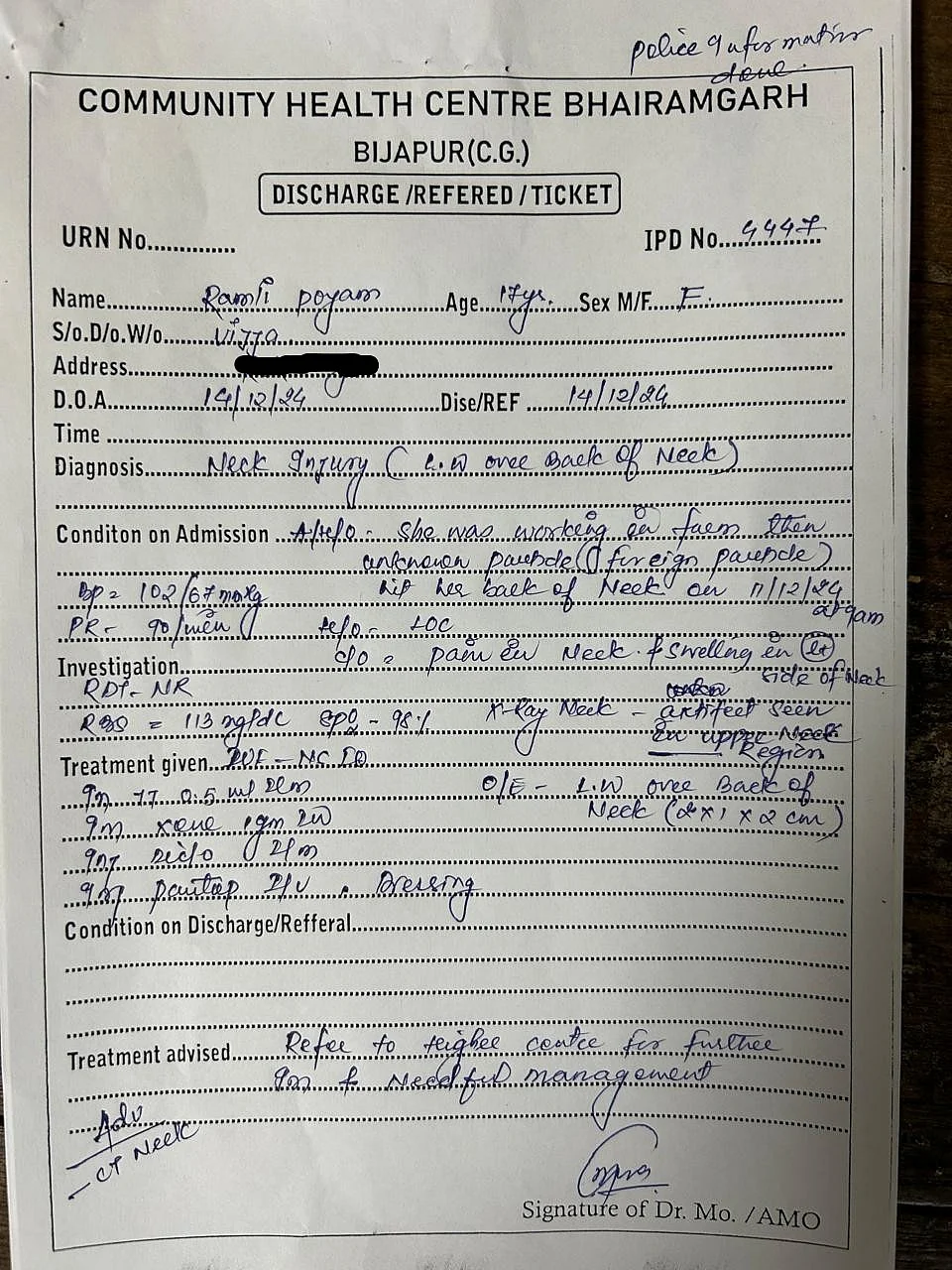 Ramli’s medical report from the community health centre in Bhairamgarh.