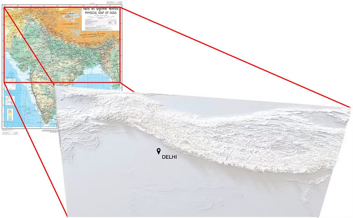 Relief map highlighting the Indo-Gangetic Plains bounded by the Himalayan mountain range in the north and the (smaller and fainter) Aravalli range to the south. This creates a natural ‘bowl’ effect for Delhi that significantly influences regional patterns of air pollution and weather.