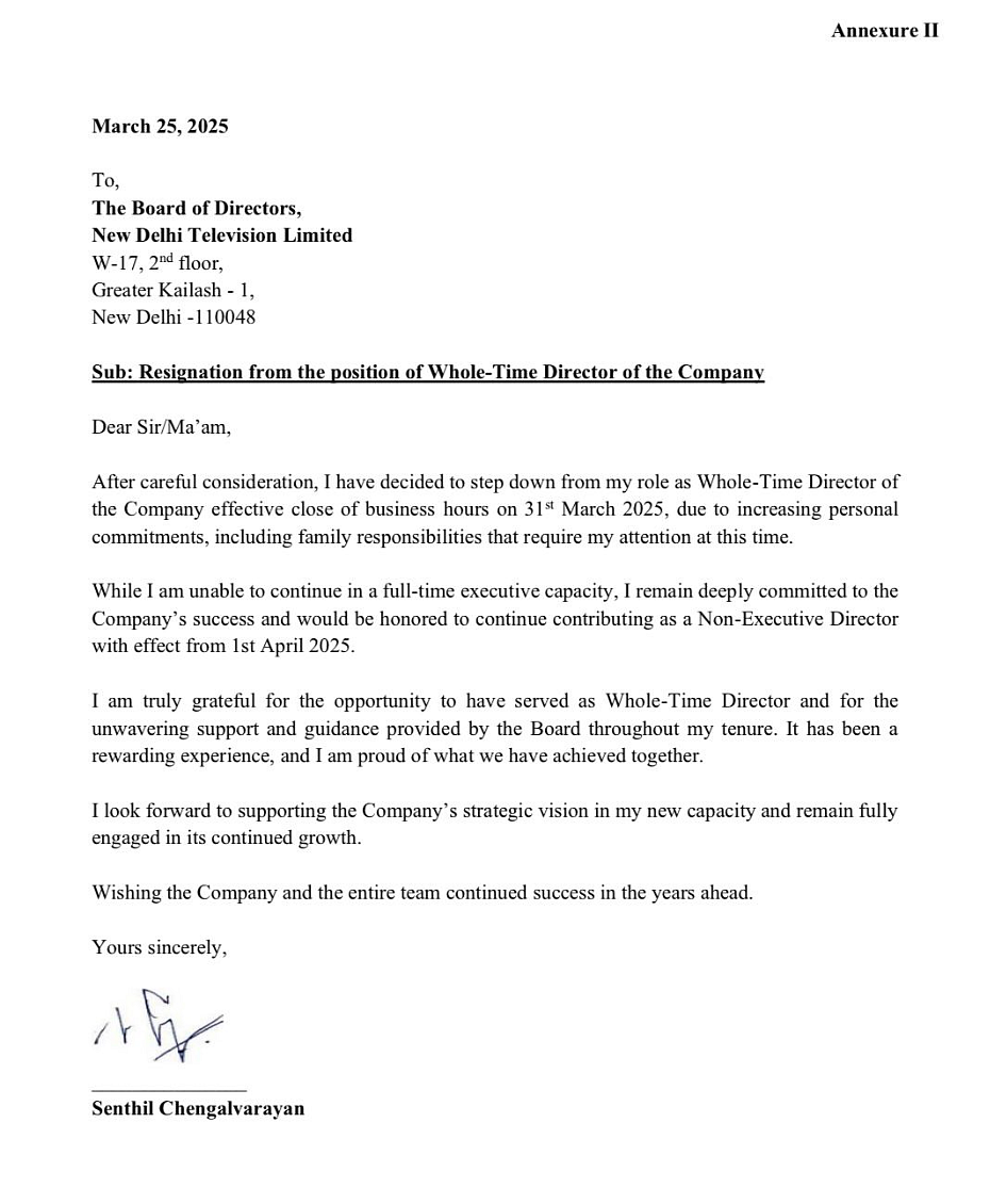 The letter dated March 25 from Senthil Chengalvarayan to the board.