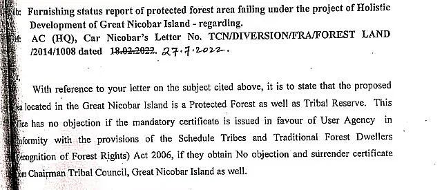 A screenshot from the letter by the divisional forest officer to the Andaman and Nicobar administration in July 2022.