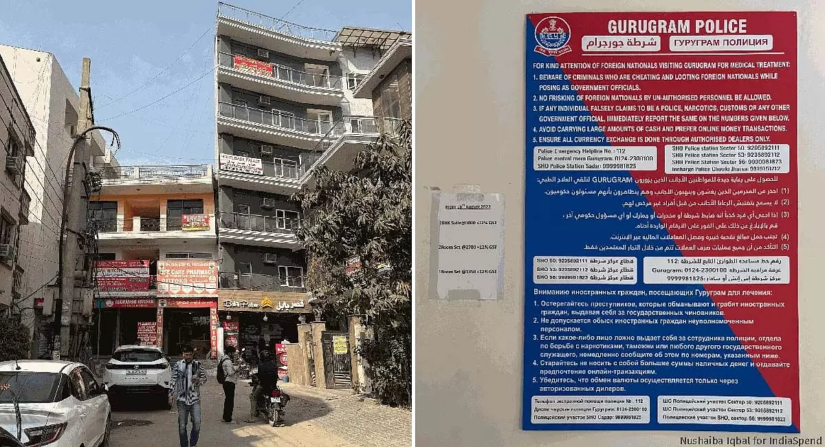 A restaurant and hotel in Gurugram for patients who travel to India for treatment (left). An advisory from Gurugram police for these patients in English, Arabic and Russian (right).
