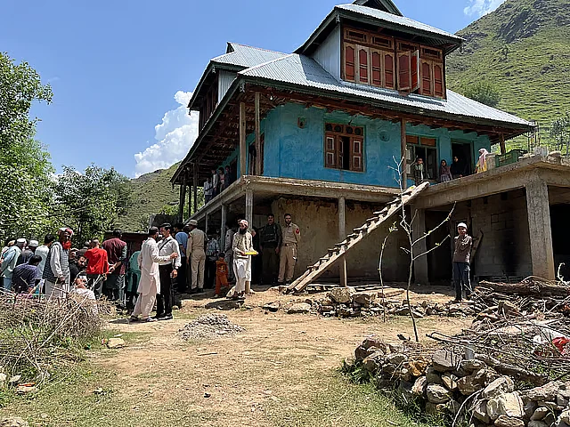 Iqbal’s family home in Mandi, Jammu and Kashmir, where relatives and neighbours gathered after Indian TV news falsely claimed he was a terrorist killed in PoK.