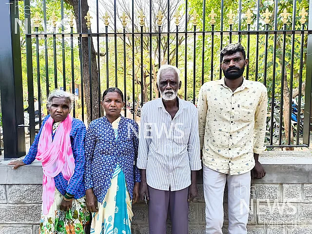 Outside the Mysuru court, Mallige's mother Gowri (left) and Suresh's parents, Muthamma and Gandhi, stand with Suresh.