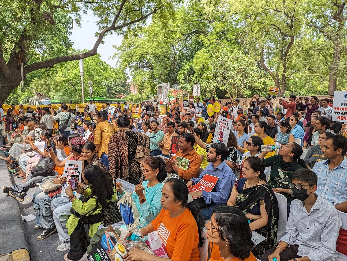Protestors advocating for animal rights at Jantar Mantar in Delhi, on April 20