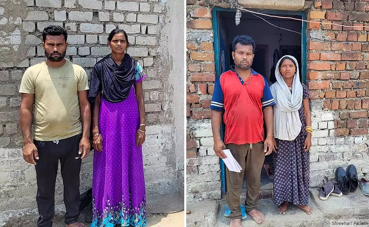 (Left) Jyothi Manhar with her husband Binod outside their house. (Right) Harprasad Manhar, 36, with his wife Praga Bai, 33, who were rescued from the brick kiln at their home in Silpahari.