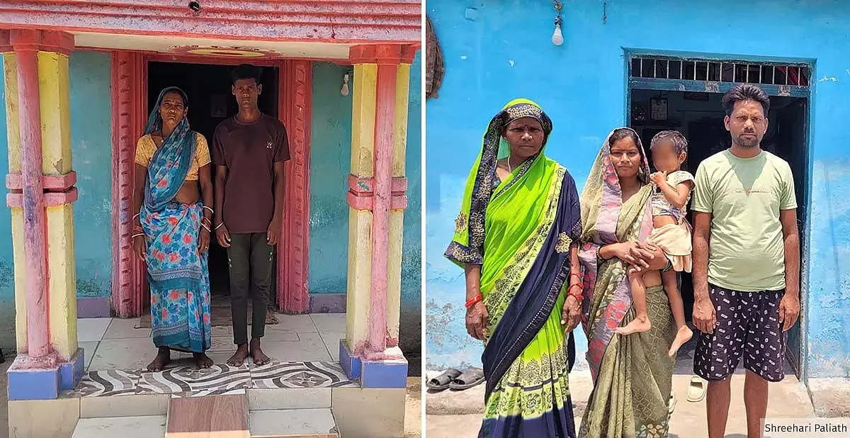 (Left) Nikhil Dheeraj (17) with his mother Mamta outside his house. (Right) Ishwari Bai, 28 with her daughter, mother-in-law Amrit Bai, 48, and husband Deepak Kumar, 32. 