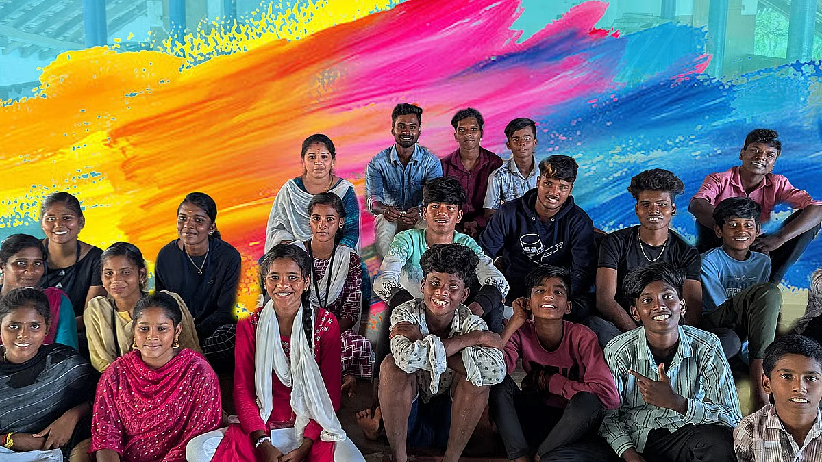 A batch of children in the Theni summer camp, after drama practice.