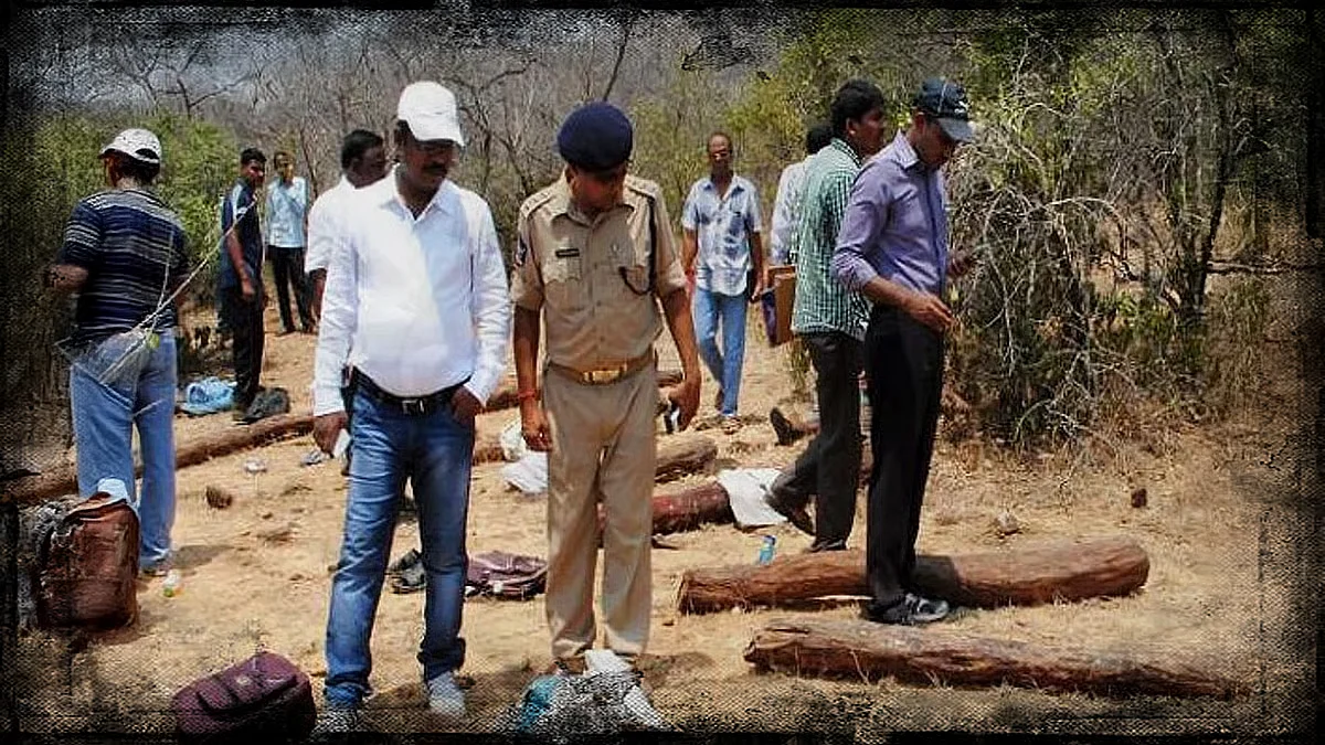 Scene from the Seshachalam forest after the 2015 police encounter that killed 20 alleged red sanders smugglers — a case that continues to raise questions about extrajudicial killings.