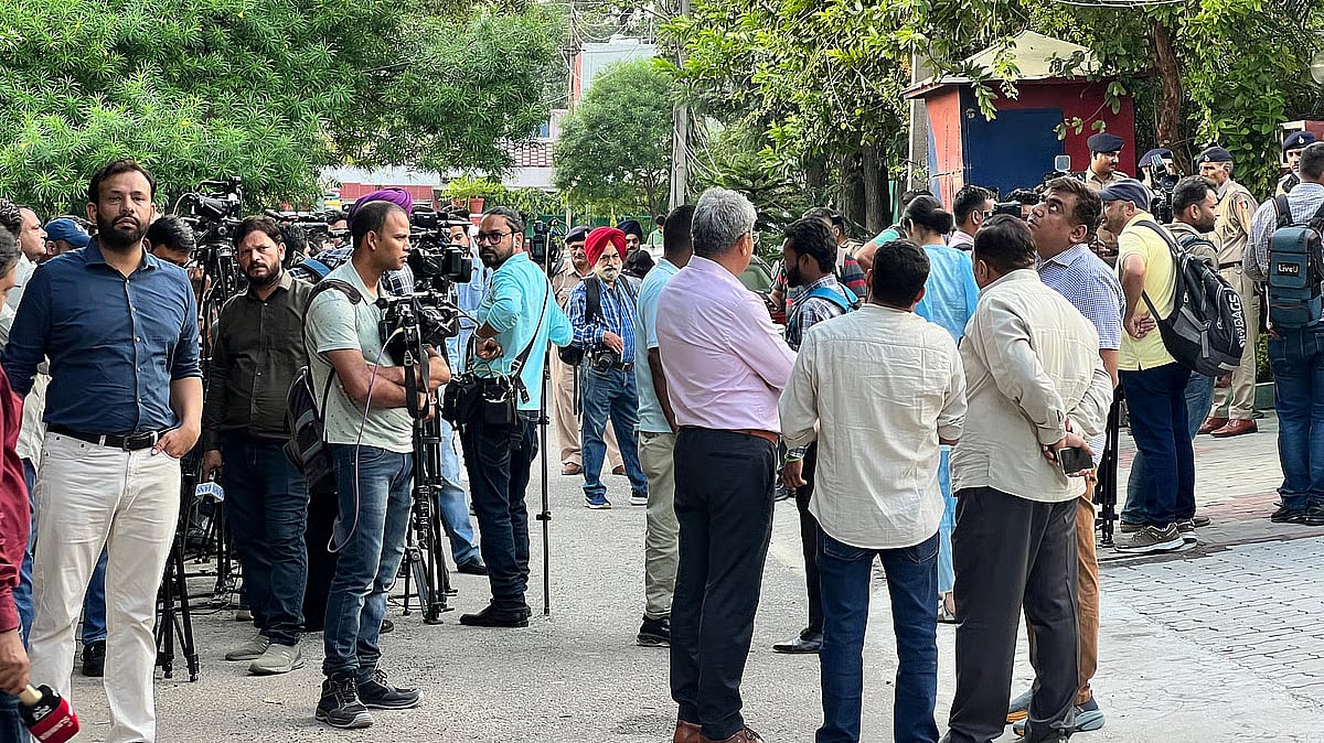 Media personnel outside Kumar's house in Chandigarh's Sector 11.