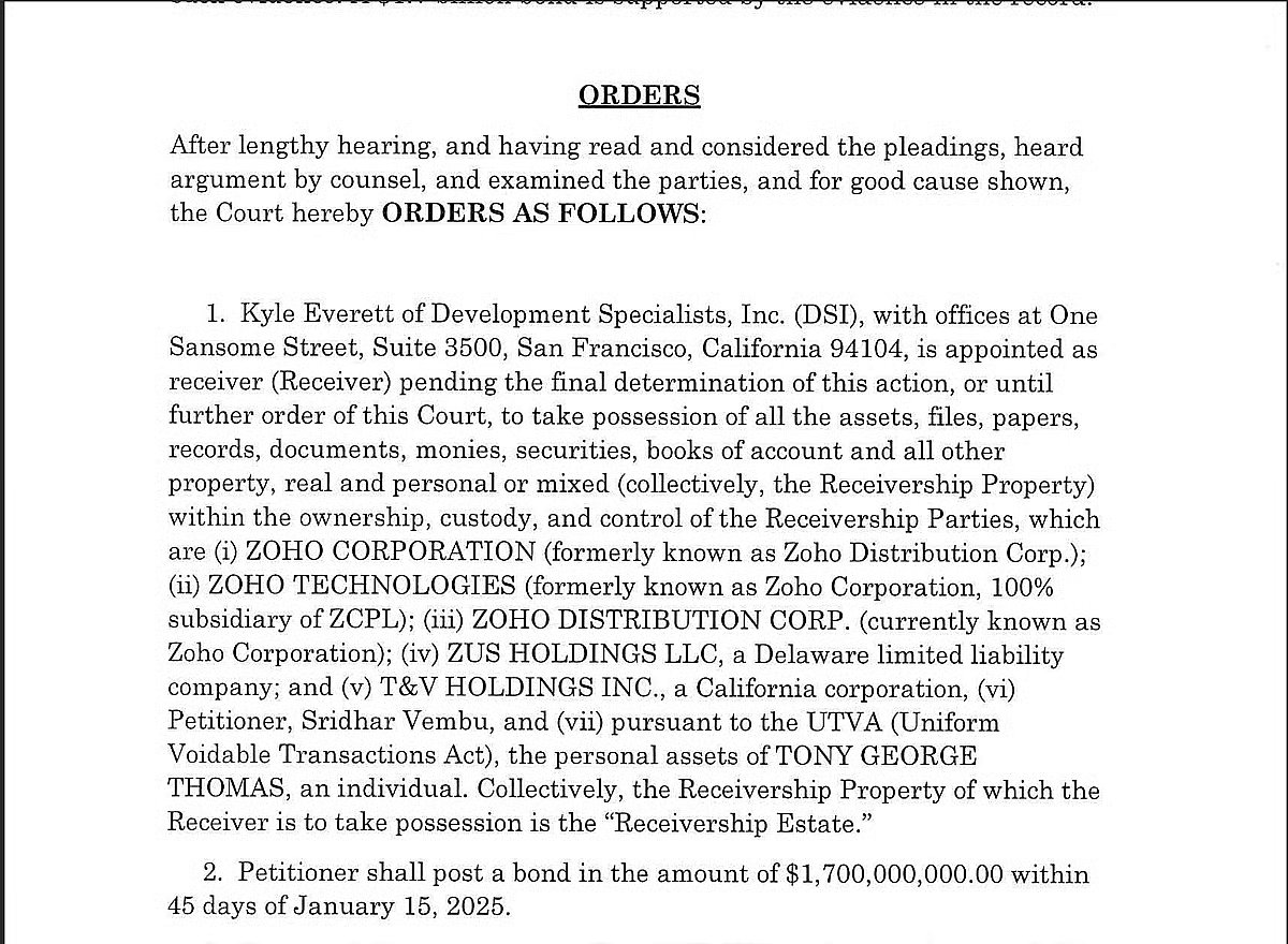 Image of transcript of the order by Superior Court of California, County of Alameda, appointing a receiver