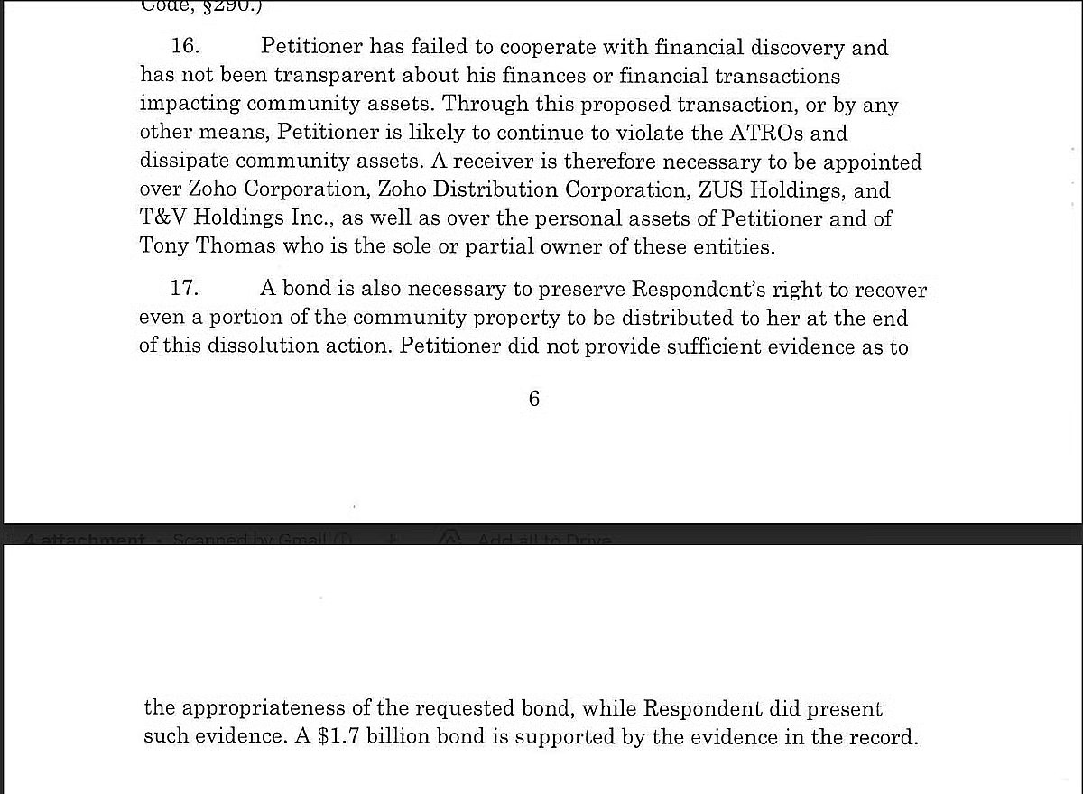 Image of transcript of findings of Superior Court of California, County of Alameda; Petitioner is Sridhar Vembu and respondent is Pramila Srinivasan