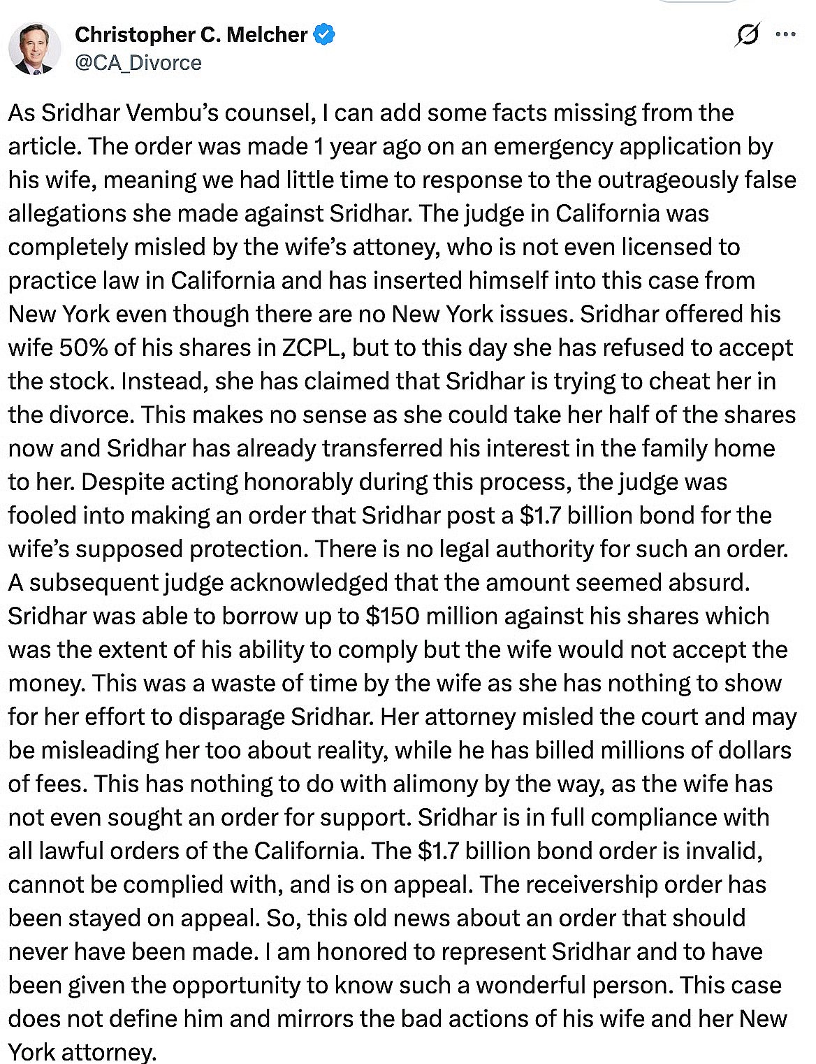 Sridhar’s lawyer Christopher C Melcher's response on X