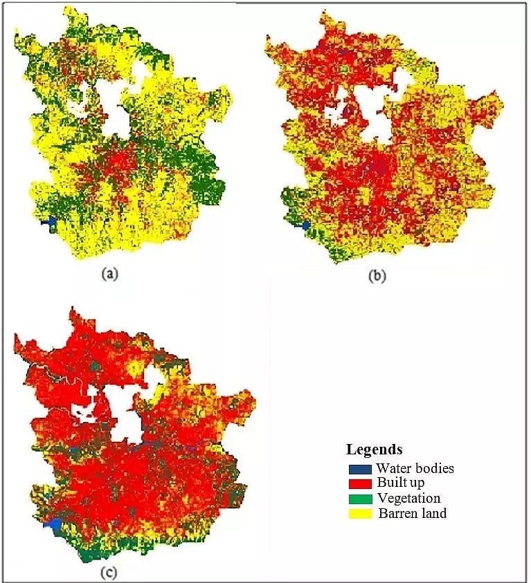 Land use changes in Pune (a) 2000, (b) 2010 and (c) 2022 (Source: International Journal of Geoinformatics)